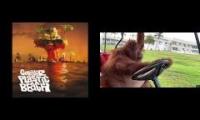 Orangutan Driving a Golf Cart with One Hand listening to the gorillaz